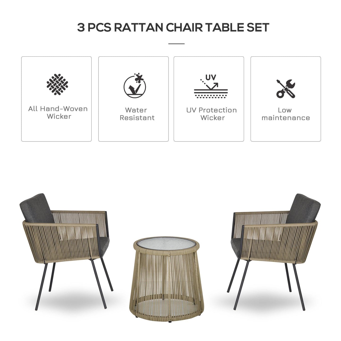 Outdoor and Garden-3 PCS Webbed Wicker Rattan Patio Furniture Conversation Bistro Set 2 Chairs 1 Coffee Table w/ Metal Legs for Garden, Backyard, Deck - Outdoor Style Company