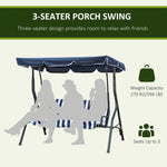 Outdoor and Garden-3-Person Patio Porch Swing with Adjustable Canopy for Adults, Steel Frame, Seat & Backrest Cushion, Armrests, Dark Blue & White Striped - Outdoor Style Company