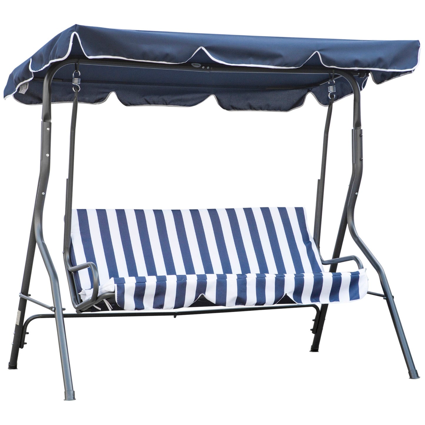 Outdoor and Garden-3-Person Patio Porch Swing with Adjustable Canopy for Adults, Steel Frame, Seat & Backrest Cushion, Armrests, Dark Blue & White Striped - Outdoor Style Company