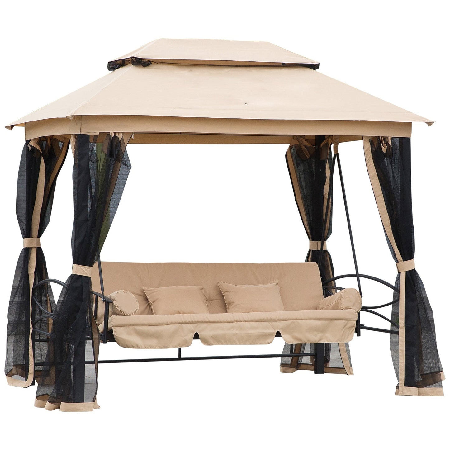 Outdoor and Garden-3 Person Patio Swing Chair, Gazebo Swing with Double Tier Canopy, Cushioned Seat, Mesh Sidewalls, Beige - Outdoor Style Company