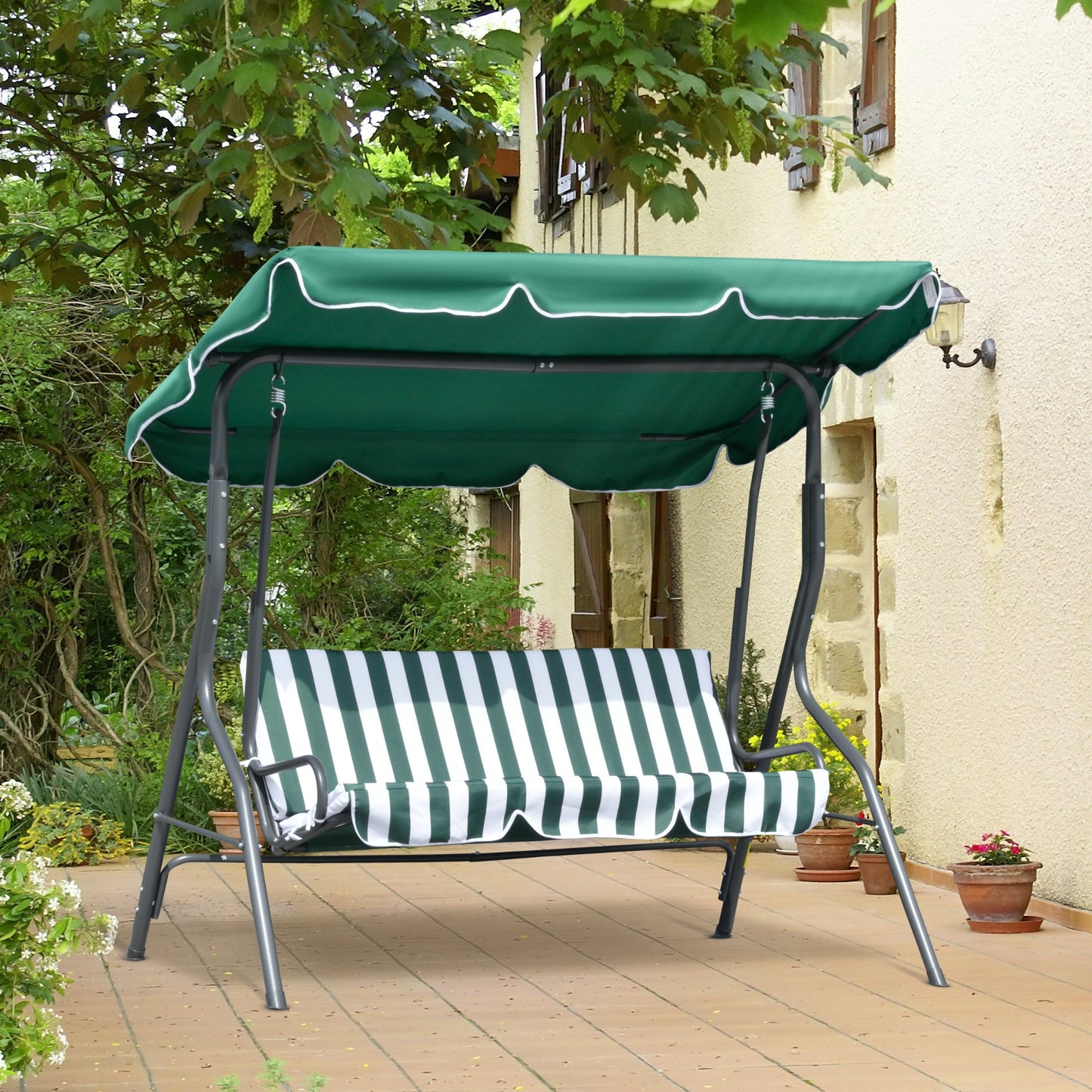 Outdoor and Garden-3-Person Porch Swing with Canopy, Patio Swing Chair, Outdoor Canopy Swing Bench with Adjustable Shade, Cushion and Steel Frame, Green - Outdoor Style Company