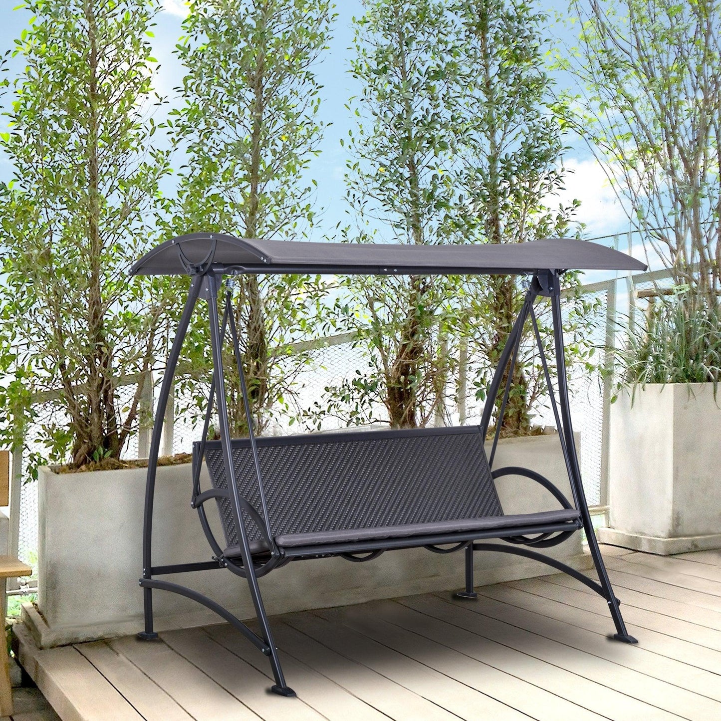 Outdoor and Garden-3 Person Rattan Swing Chair Garden Swing Bench Outdoor Hanging Porch Swing w/ Adjustable Canopy, Cushion, Steel Frame, Grey - Outdoor Style Company