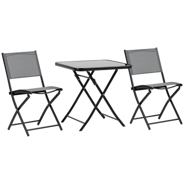 Outdoor and Garden-3-Piece Garden Bistro Set, Outdoor Folding Dining Set with Glass Table Top, 2 Folding Chairs, Steel Frame, and Mesh Fabric, Grey - Outdoor Style Company