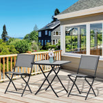 Outdoor and Garden-3-Piece Garden Bistro Set, Outdoor Folding Dining Set with Glass Table Top, 2 Folding Chairs, Steel Frame, and Mesh Fabric, Grey - Outdoor Style Company