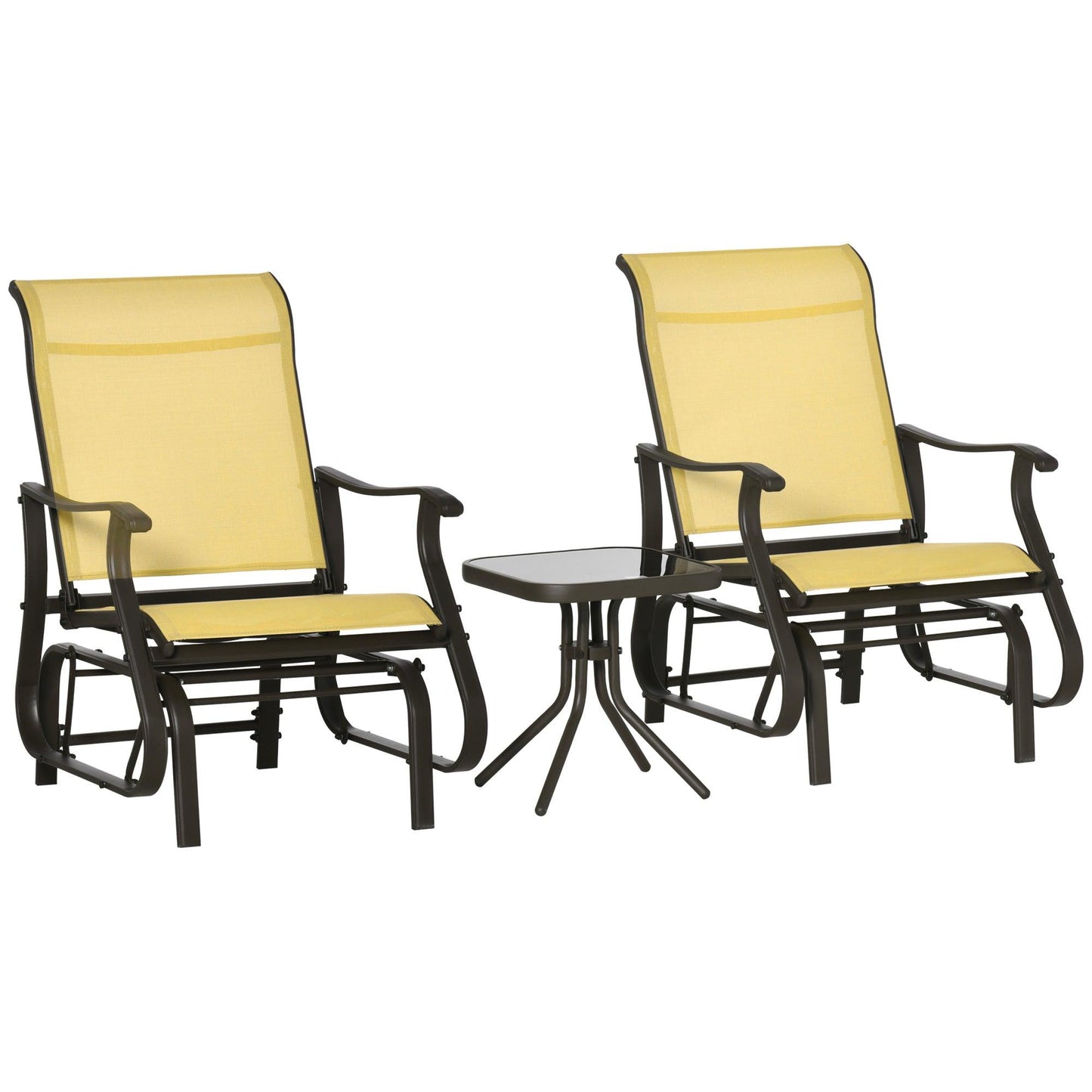 Outdoor and Garden-3-Piece Gliding Chair & Tea Table Set, Outdoor 2 Rocker Seats with Steel Frame, Tempered Glass Tabletop, Garden Patio Furniture, Beige - Outdoor Style Company