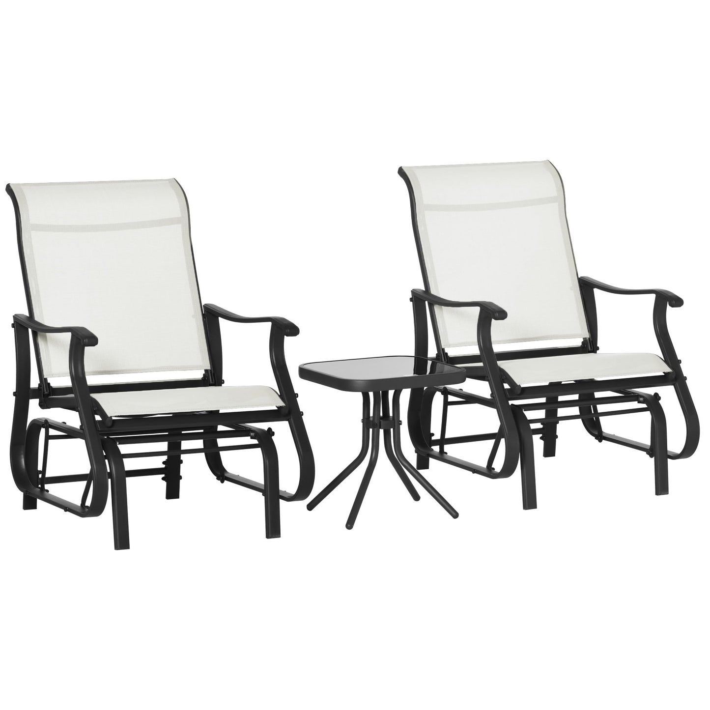 Outdoor and Garden-3-Piece Gliding Chair & Tea Table Set, Outdoor 2 Rocker Seats with Steel Frame, Tempered Glass Tabletop, Garden Patio Furniture, Cream White - Outdoor Style Company