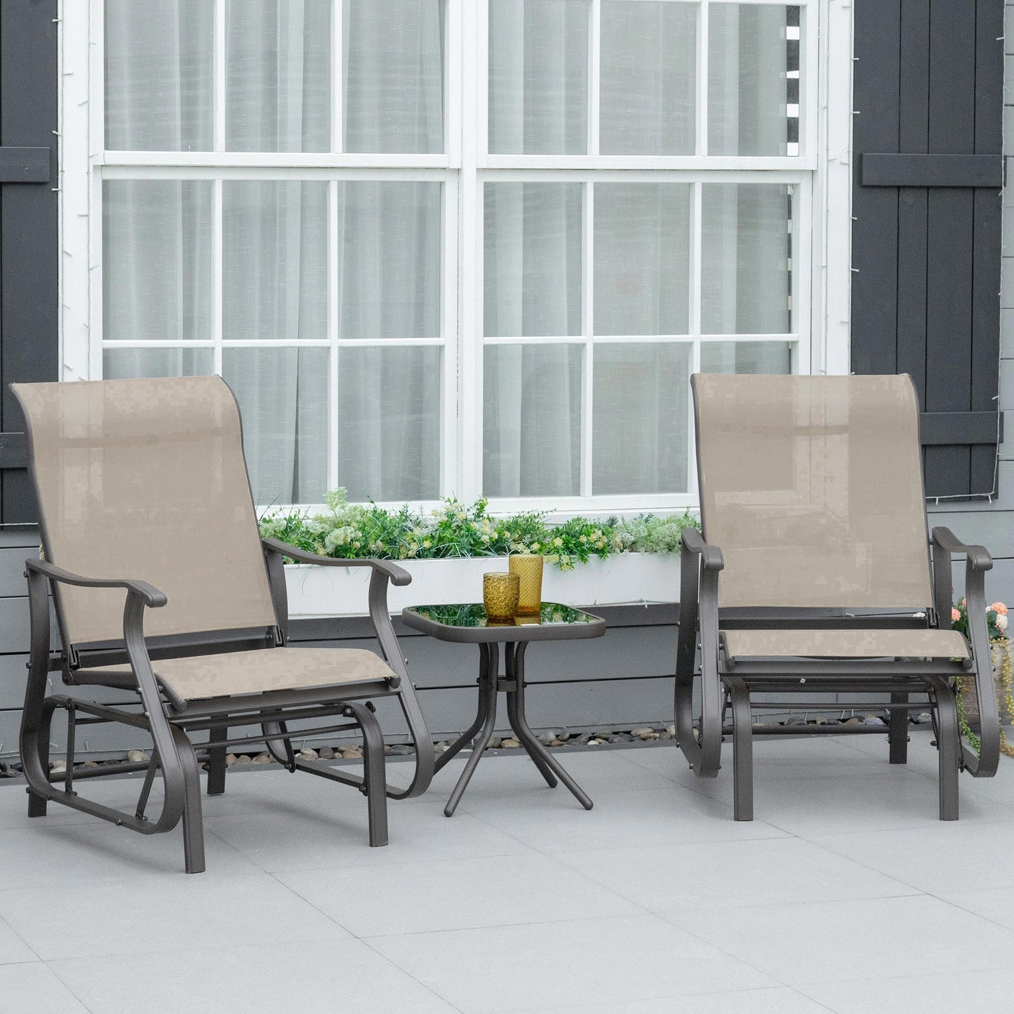 Outdoor and Garden-3-Piece Gliding Chair & Tea Table Set, Outdoor 2 Rocker Seats with Steel Frame, Tempered Glass Tabletop, Garden Patio Furniture, Grey - Outdoor Style Company