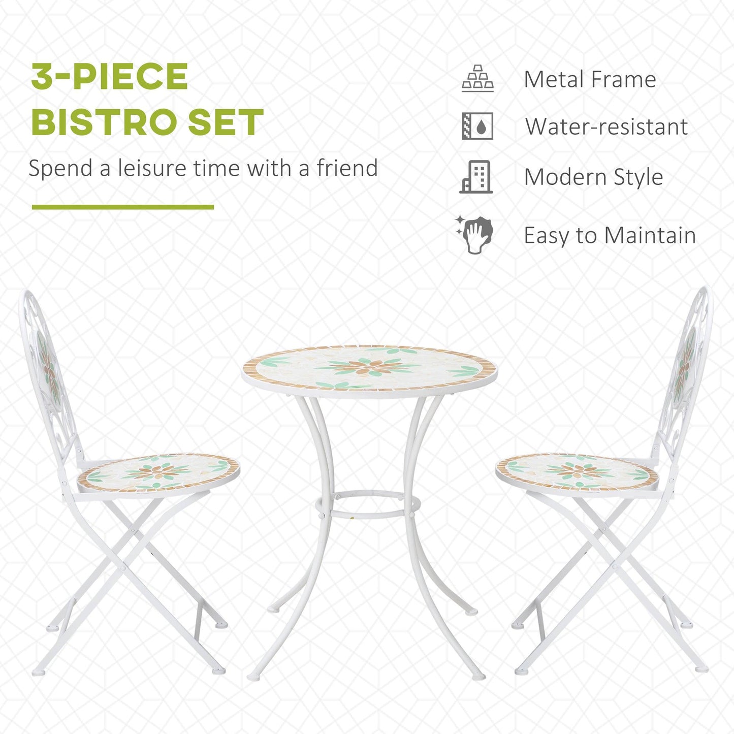 Outdoor and Garden-3 Piece Outdoor Bistro Set, Patio Dining Set with 2 Folding Chairs, Spring Flower Stone Mosaic, Folding Center Table for Garden, White - Outdoor Style Company