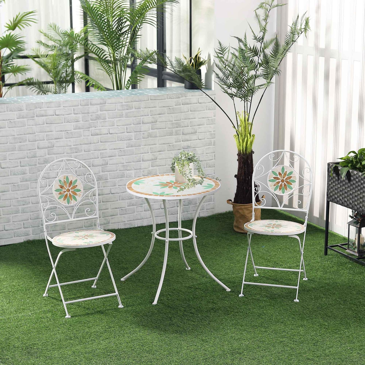 Outdoor and Garden-3 Piece Outdoor Bistro Set, Patio Dining Set with 2 Folding Chairs, Spring Flower Stone Mosaic, Folding Center Table for Garden, White - Outdoor Style Company