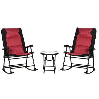 Outdoor and Garden-3 Piece Outdoor Patio Furniture Set with Glass Coffee Table & 2 Folding Padded Rocking Chairs, Bistro Style for Porch, Camping, Balcony, Red - Outdoor Style Company