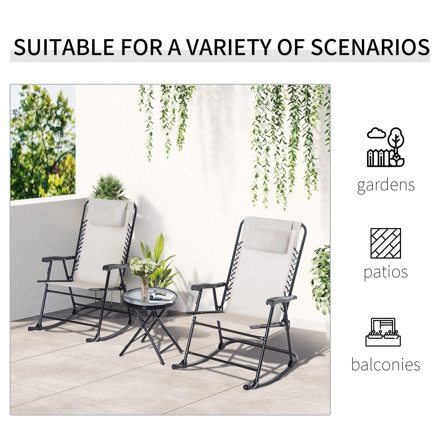 Outdoor and Garden-3 Piece Outdoor Rocking Bistro Set, Patio Folding Chair Table Set with Glass Coffee Table for Yard, Patio, Deck, Backyard, Cream White - Outdoor Style Company