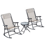 Outdoor and Garden-3 Piece Outdoor Rocking Bistro Set, Patio Folding Chair Table Set with Glass Coffee Table for Yard, Patio, Deck, Backyard, Cream White - Outdoor Style Company