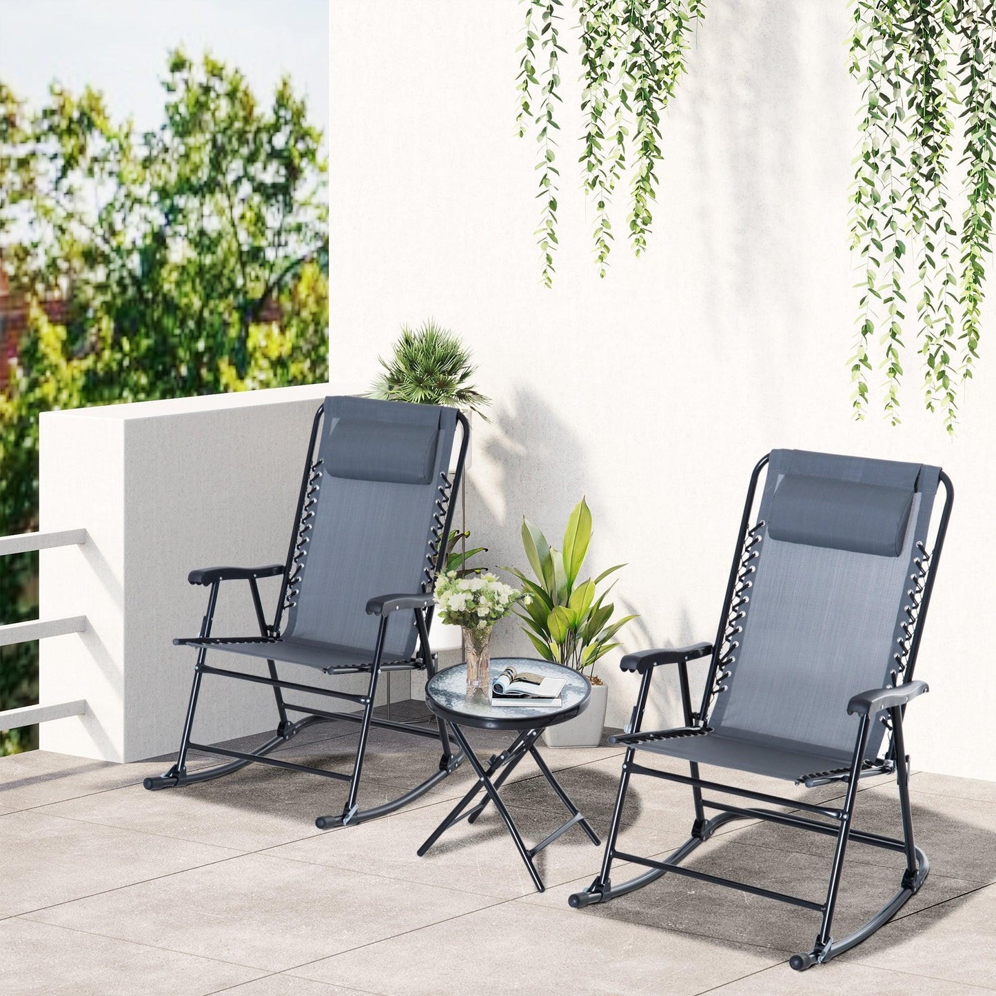 Outdoor and Garden-3 Piece Outdoor Rocking Bistro Set, Patio Folding Chair Table Set with Glass Coffee Table for Yard, Patio, Deck, Backyard, Grey - Outdoor Style Company