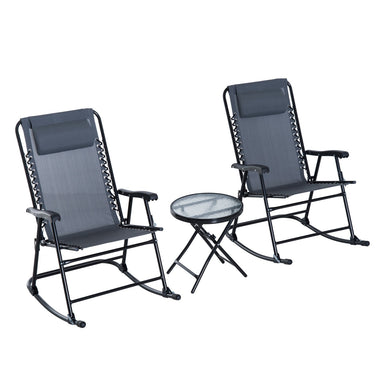 Outdoor and Garden-3 Piece Outdoor Rocking Bistro Set, Patio Folding Chair Table Set with Glass Coffee Table for Yard, Patio, Deck, Backyard, Grey - Outdoor Style Company
