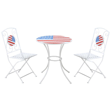 Outdoor and Garden-3 Piece Patio Bistro Set with Coffee Table and 2 Folding Chairs, Mosaic American Flag Tabletop and Backs, for Garden, Balcony, White - Outdoor Style Company