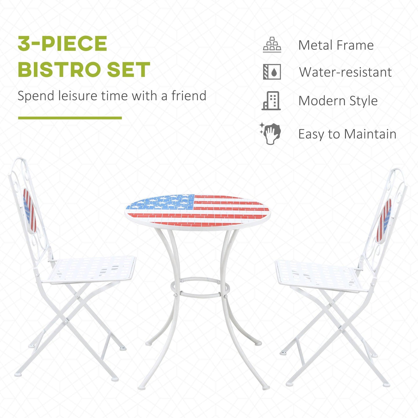 Outdoor and Garden-3 Piece Patio Bistro Set with Coffee Table and 2 Folding Chairs, Mosaic American Flag Tabletop and Backs, for Garden, Balcony, White - Outdoor Style Company