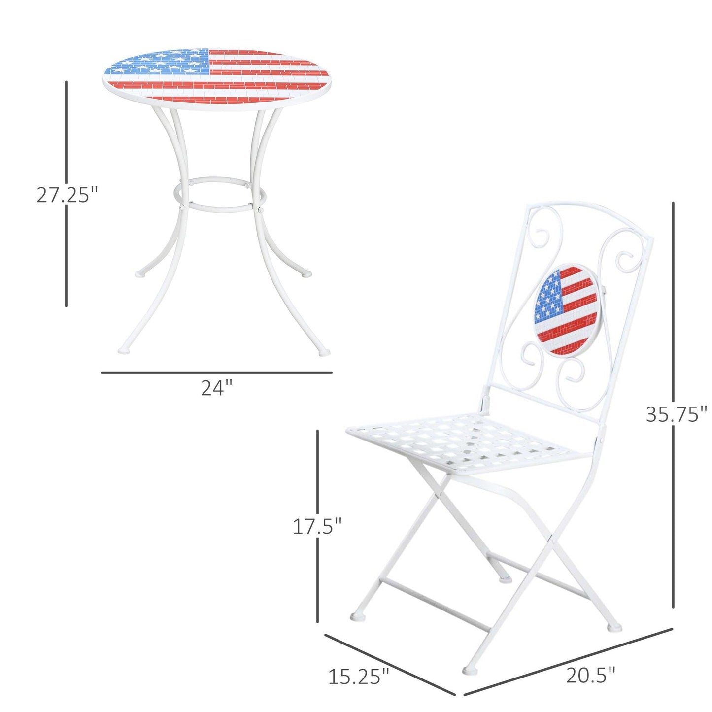 Outdoor and Garden-3 Piece Patio Bistro Set with Coffee Table and 2 Folding Chairs, Mosaic American Flag Tabletop and Backs, for Garden, Balcony, White - Outdoor Style Company