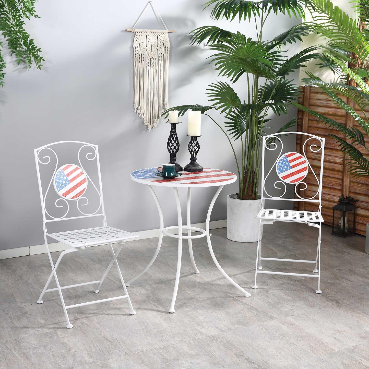 Outdoor and Garden-3 Piece Patio Bistro Set with Coffee Table and 2 Folding Chairs, Mosaic American Flag Tabletop and Backs, for Garden, Balcony, White - Outdoor Style Company