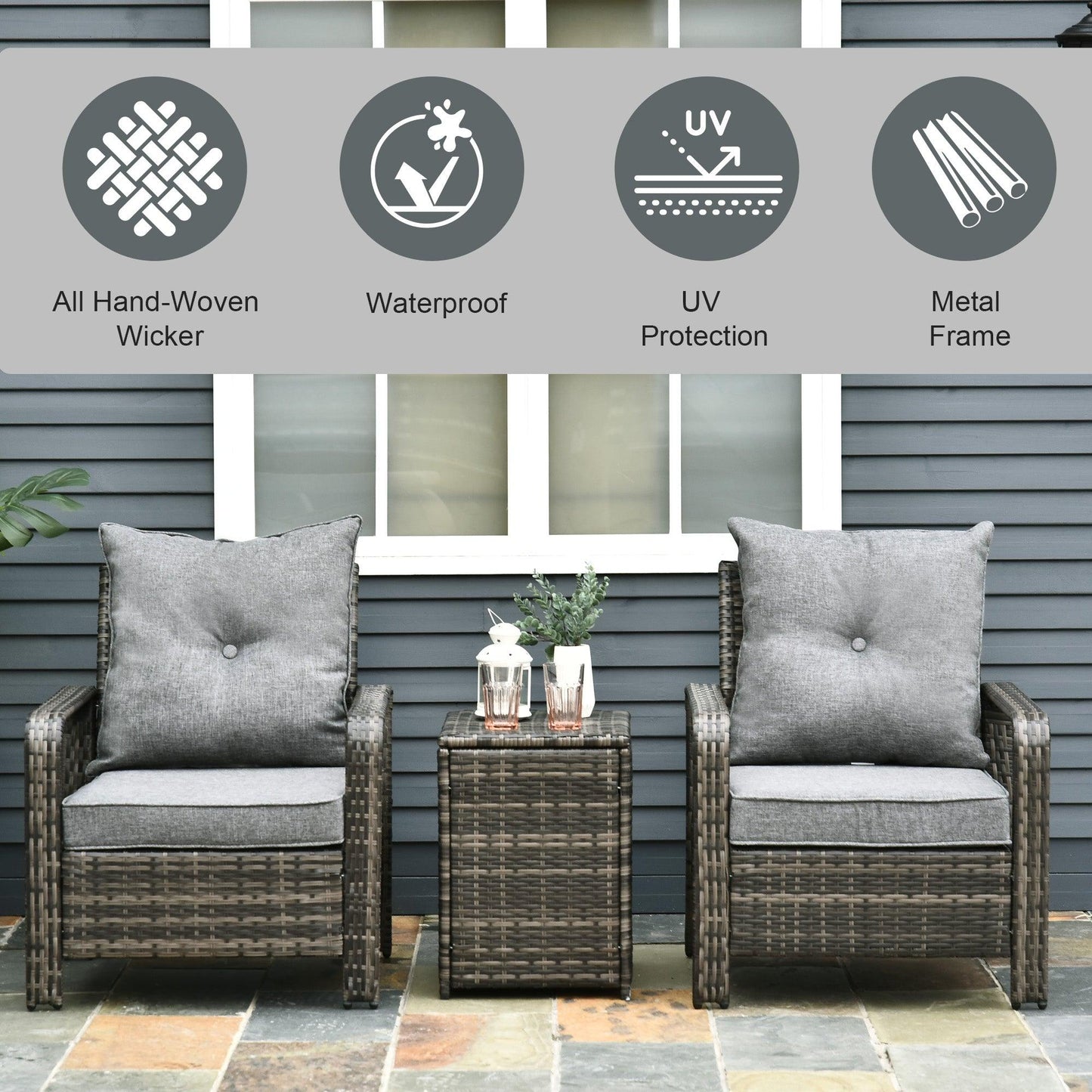 Outdoor and Garden-3 Piece PE Rattan Patio Chairs Porch Furniture Set with 2 Chairs Padded Seats & 1 Side Table with Storage Grey - Outdoor Style Company