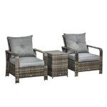 Outdoor and Garden-3 Piece PE Rattan Patio Chairs Porch Furniture Set with 2 Chairs Padded Seats & 1 Side Table with Storage Grey - Outdoor Style Company