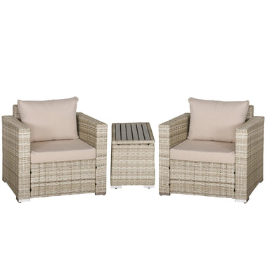 Outdoor and Garden-3-Piece PE Rattan Wicker Sofa Sets Outdoor Armchair Sofa Furniture Set w/ Plastic Wood Grain Side Table and Washable Cushions, Grey - Outdoor Style Company