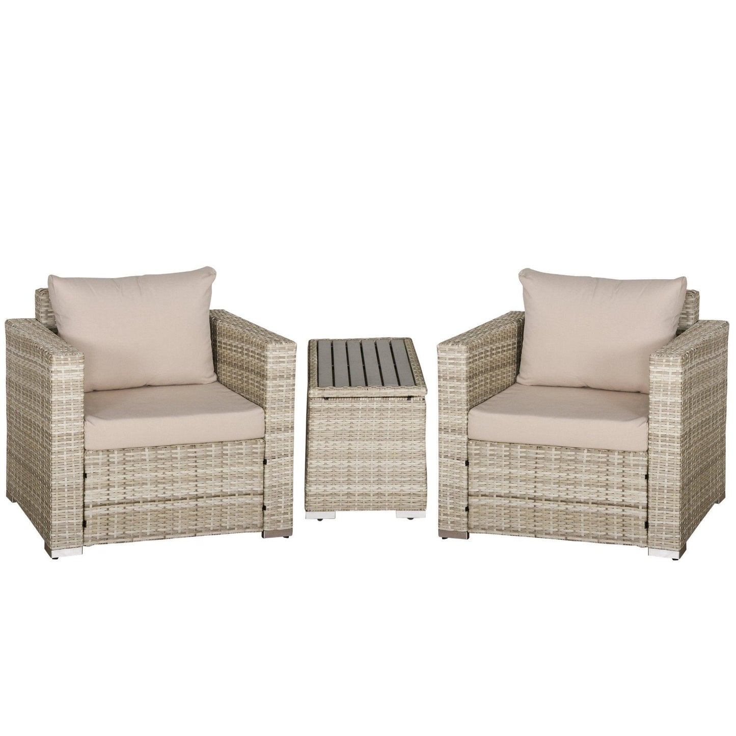 Outdoor and Garden-3-Piece PE Rattan Wicker Sofa Sets Outdoor Armchair Sofa Furniture Set w/ Plastic Wood Grain Side Table and Washable Cushions, Grey - Outdoor Style Company