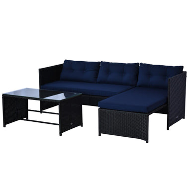 Outdoor and Garden-3-Piece Rattan Patio Furniture Sofa Set Conversation Set, Sectional Lounge Chaise Cushioned for Garden Poolside or Porch Lounging, Blue - Outdoor Style Company