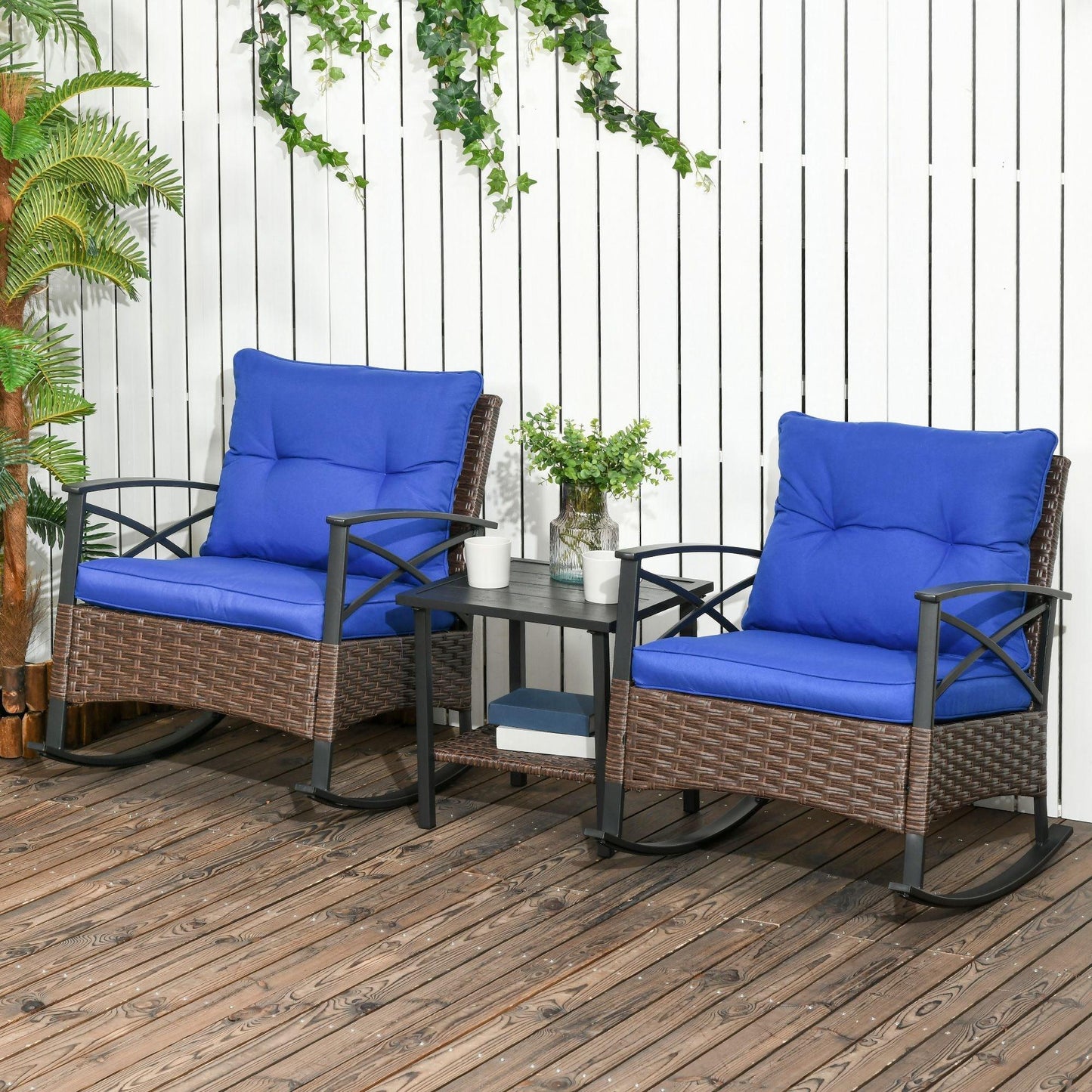 Outdoor and Garden-3 Piece Rocking Wicker Bistro Set, Outdoor Patio Furniture Set with 2 Porch Rocker Chairs, Cushions, 2-Tier Coffee Table for Garden - Outdoor Style Company