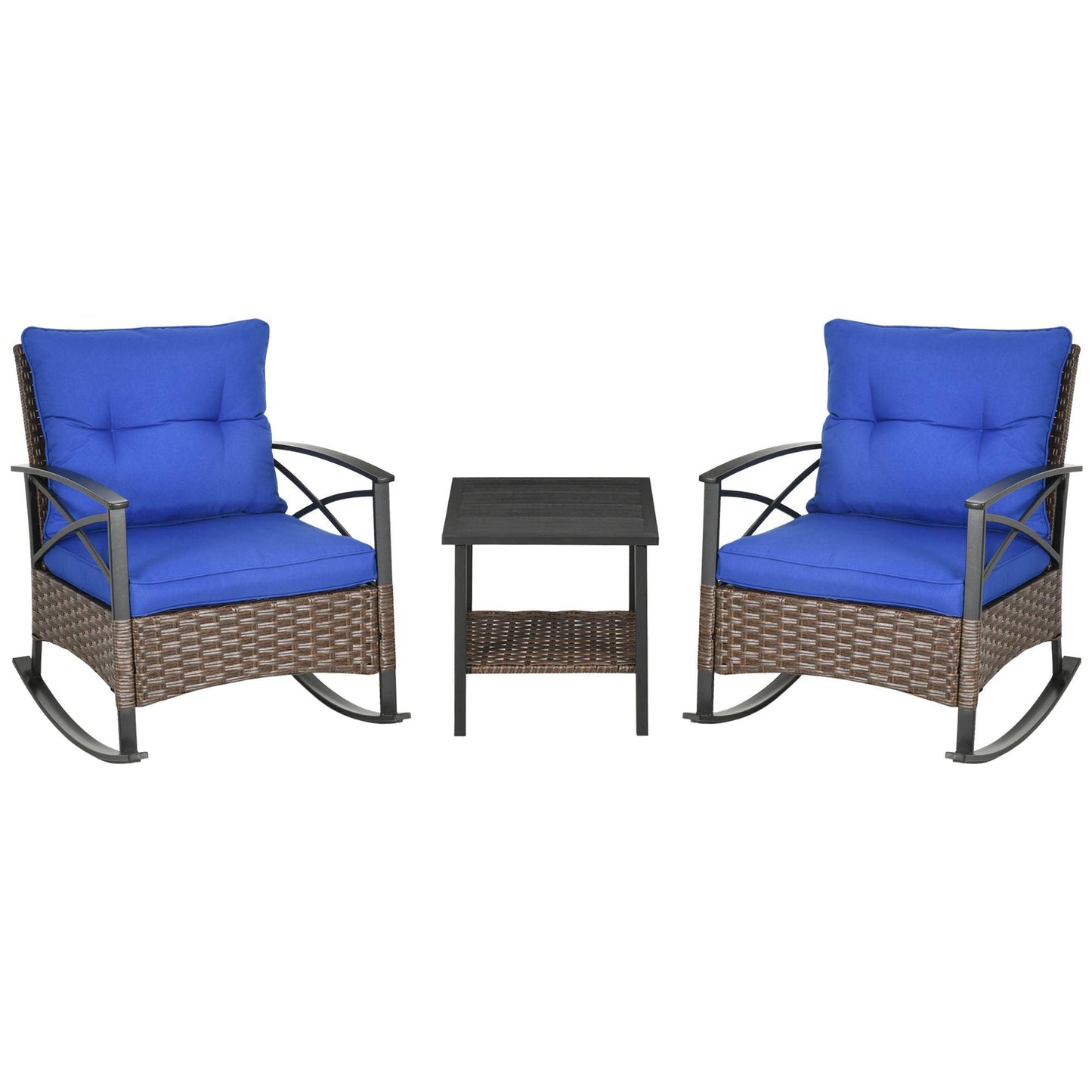 Outdoor and Garden-3 Piece Rocking Wicker Bistro Set, Outdoor Patio Furniture Set with 2 Porch Rocker Chairs, Cushions, 2-Tier Coffee Table for Garden - Outdoor Style Company