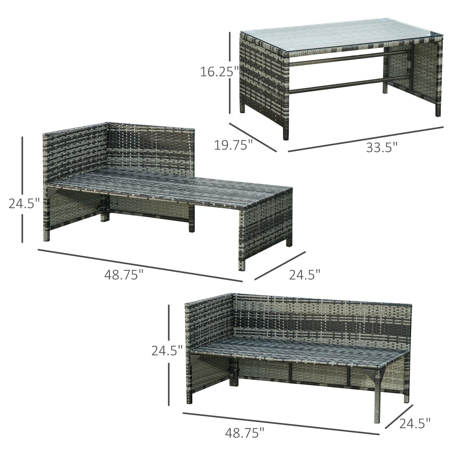 Outdoor and Garden-3-Piece Wicker Patio Furniture Sets, Rattan Conversation Sets, Sectional sofa set with Cushioned Lounge Chaise for Poolside, Porch, Grey - Outdoor Style Company