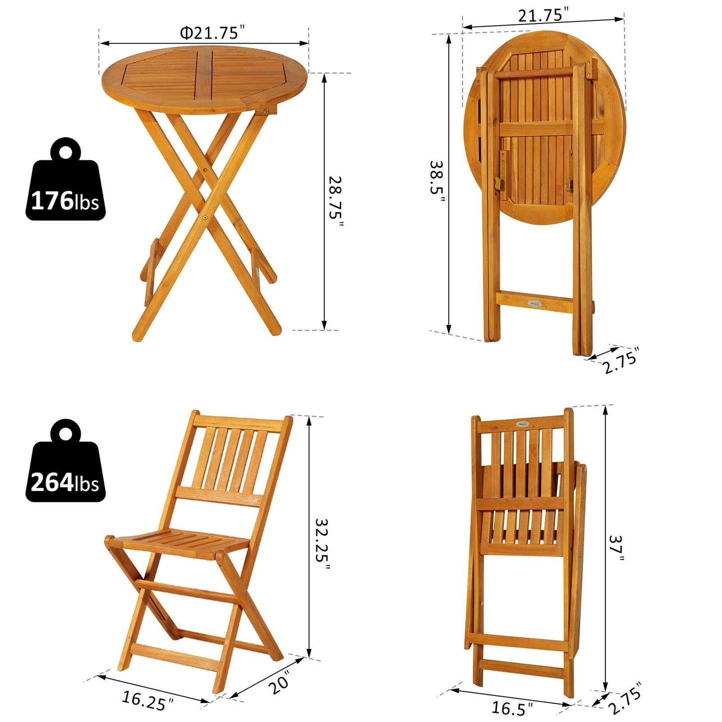 Outdoor and Garden-3-Pieces Folding Acacia Wood Patio Bistro Set Outdoor Square Table Two Chair - Outdoor Style Company