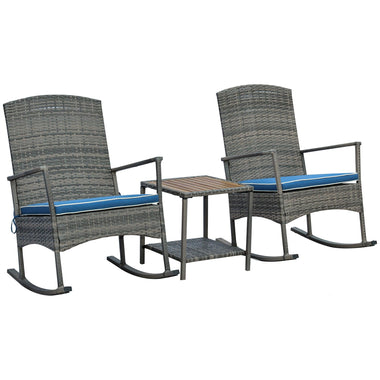 Outdoor and Garden-3 Pieces Outdoor PE Rattan Rocking Chair Set, Patio Wicker Recliner Rocker Chair with Soft Cushion & Coffee Table, for Porch, Blue - Outdoor Style Company