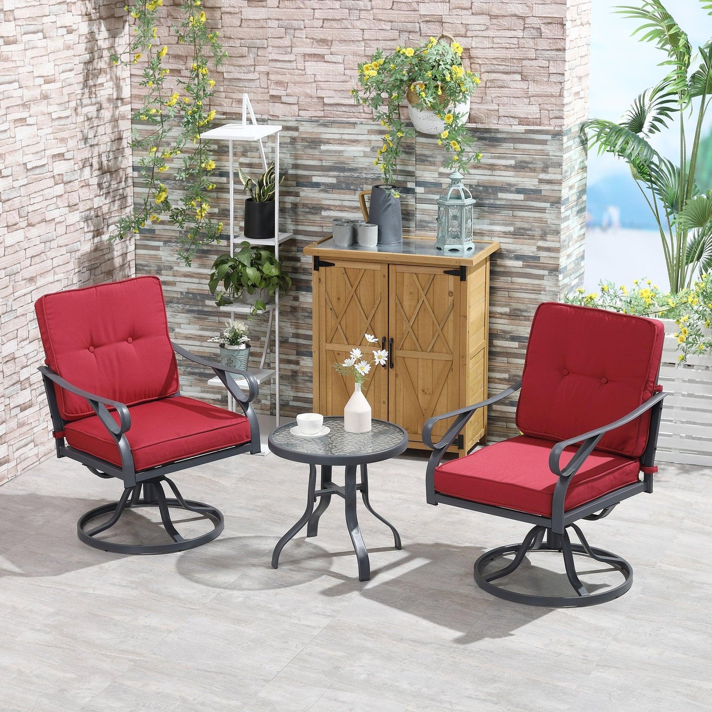 Outdoor and Garden-3 Pieces Outdoor Swivel Bistro Set, 2 Rocker Chairs and 1 Round Tempered Glass Table with Cushion, Yard, Lawn Furniture, Red - Outdoor Style Company