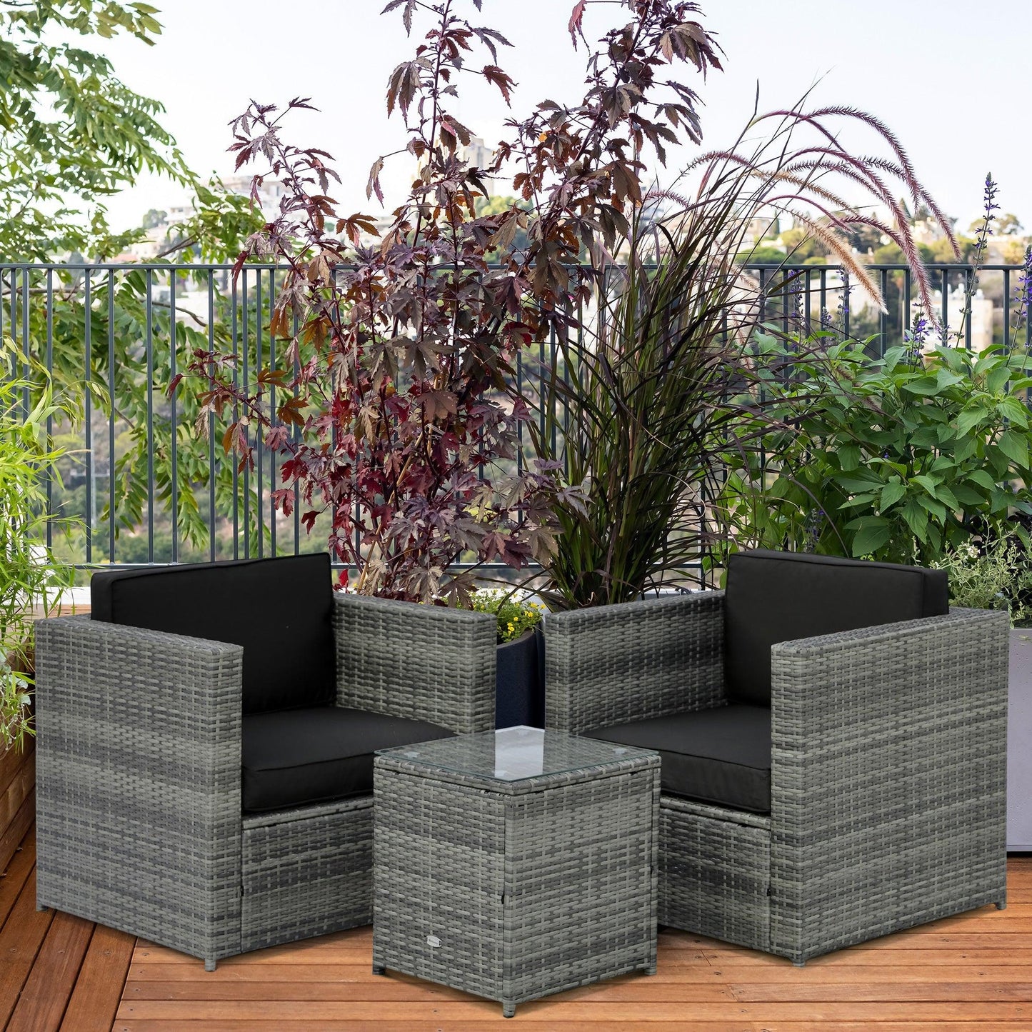 Outdoor and Garden-3 Pieces Patio Bistro Set, Outdoor PE Rattan Wicker Furniture W/ Washable Cushion and Coffee Table, Conversation Sofa Set for Balcony, Black - Outdoor Style Company