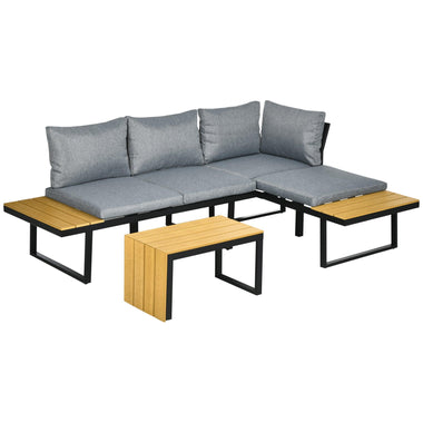 Outdoor and Garden-3 Pieces Patio Furniture Set, Outdoor Garden Sofa Conversation Set w/ Padded Cushions, Wood Grain Plastic Top Table and Side Panel, Dark Gray - Outdoor Style Company