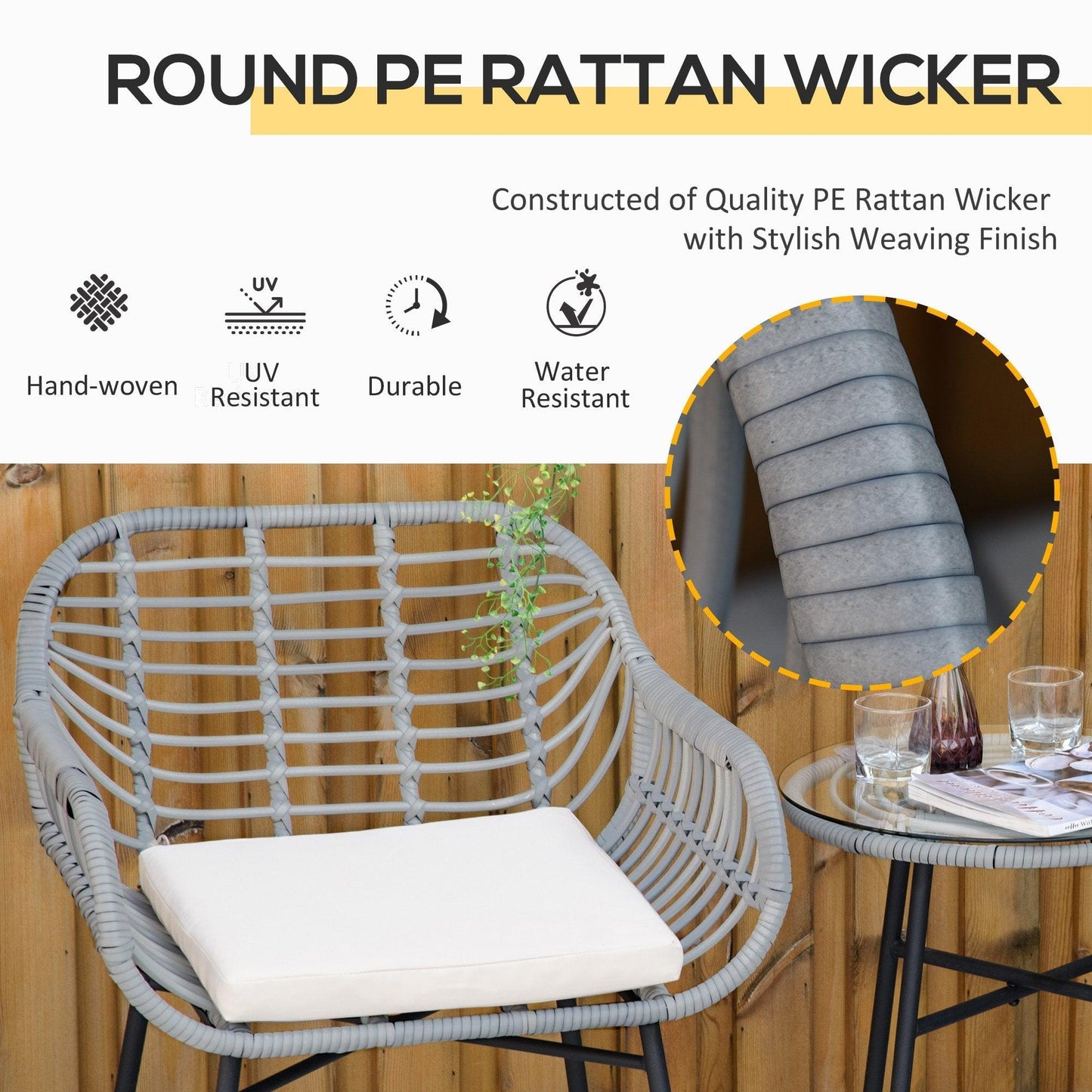 Outdoor and Garden-3 Pieces Patio PE Rattan Bistro Set, Outdoor Round Wicker Woven Coffee Set, 2 Chairs & 1 Coffee Table Conversation Furniture Set, for Garden - White - Outdoor Style Company