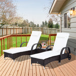 Outdoor and Garden-3 Pieces Patio Wicker Chaise Lounge Chair Set Adjustable PE Rattan Cushioned Lounge Set of 2 with Armrests, Side Table & Moving Wheels, Brown - Outdoor Style Company