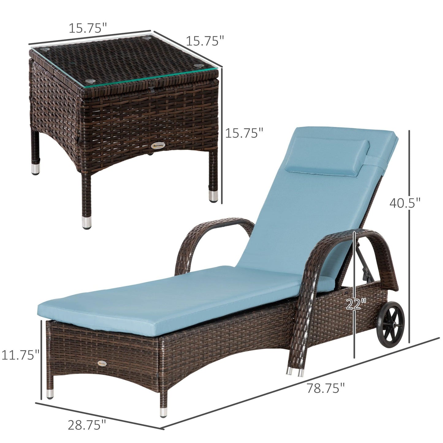 Outdoor and Garden-3 Pieces Patio Wicker Chaise Lounge Chair Set Adjustable PE Rattan Cushioned Lounge set with Armrests, Side Table & Moving Wheels, Brown/Blue - Outdoor Style Company