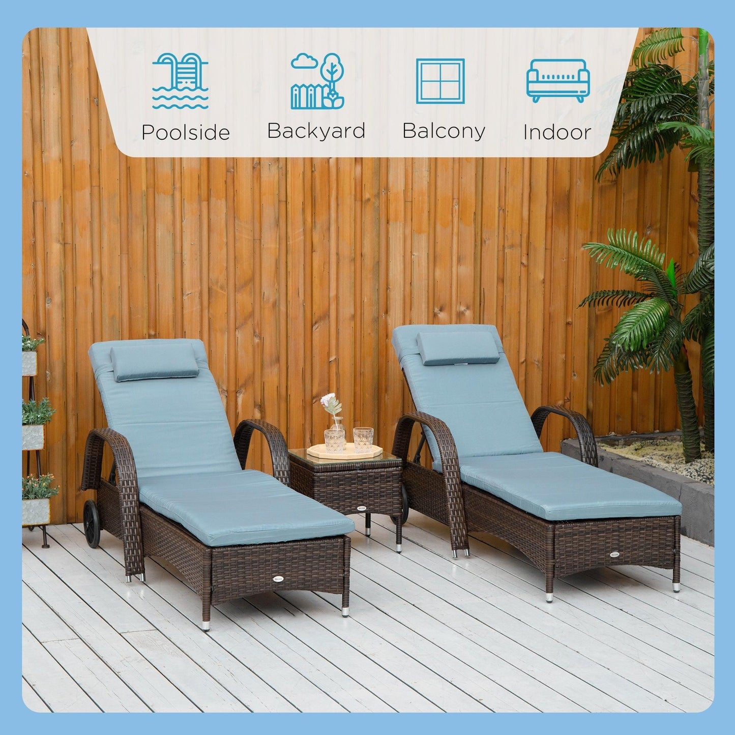 Outdoor and Garden-3 Pieces Patio Wicker Chaise Lounge Chair Set Adjustable PE Rattan Cushioned Lounge set with Armrests, Side Table & Moving Wheels, Brown/Blue - Outdoor Style Company