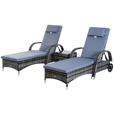Outdoor and Garden-3 Pieces Wicker Chaise Lounge Chair Set Outdoor with Side Table & Wheels, Adjustable Backrest Height with Armrests, Gray - Outdoor Style Company