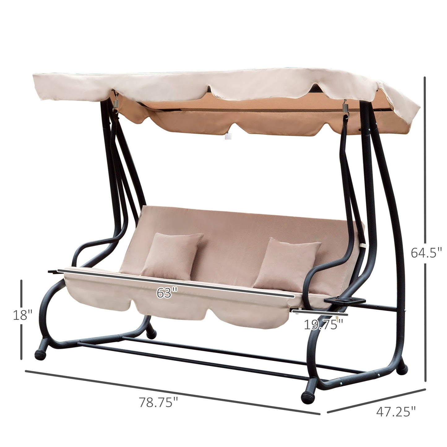 Outdoor and Garden-3 Seat Outdoor Free Standing Swing Bench Porch Swing with Stand, Comfortable Cushioned Fabric & Included Canopy, Light Brown - Outdoor Style Company