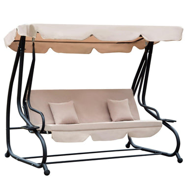 Outdoor and Garden-3 Seat Outdoor Free Standing Swing Bench Porch Swing with Stand, Comfortable Cushioned Fabric & Included Canopy, Light Brown - Outdoor Style Company