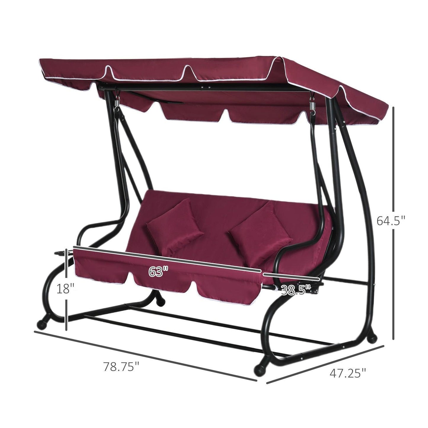 Outdoor and Garden-3 Seat Outdoor Free Standing Swing Bench Porch Swing with Stand, Comfortable Cushioned Fabric & Included Canopy, Red - Outdoor Style Company