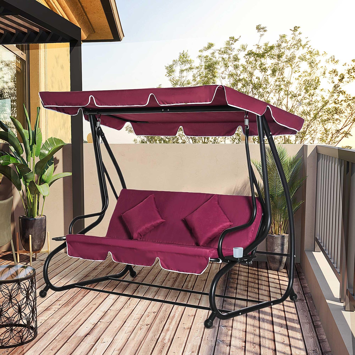 Outdoor and Garden-3 Seat Outdoor Free Standing Swing Bench Porch Swing with Stand, Comfortable Cushioned Fabric & Included Canopy, Red - Outdoor Style Company