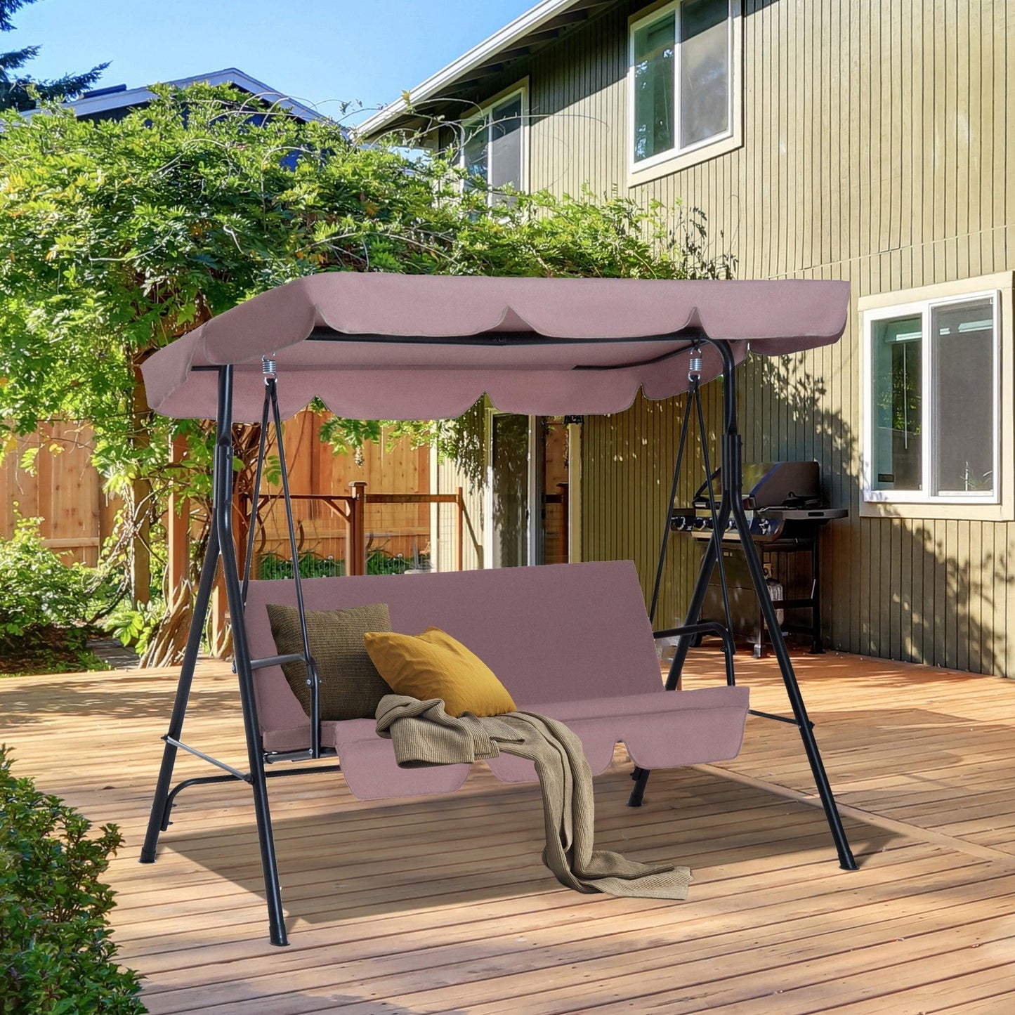 Outdoor and Garden-3-Seat Outdoor Patio Swing Chair with Removable Cushion, Steel Frame Stand and Adjustable Tilt Canopy for Garden, Backyard, Brown - Outdoor Style Company