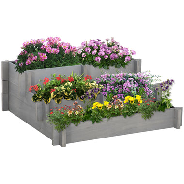 Outdoor and Garden-3 Tier Raised Garden Bed, Water Draining Fabric for Soil, Elevated Wood Flower Box for Vegetables, Herbs, Gray - Outdoor Style Company