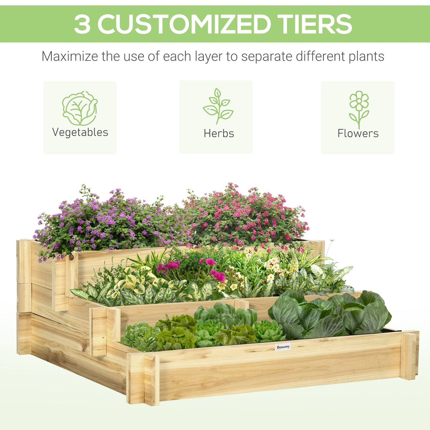 Outdoor and Garden-3 Tier Raised Garden Bed, Water Draining Fabric for Soil, Elevated Wood Flower Box for Vegetables, Herbs, Natural - Outdoor Style Company