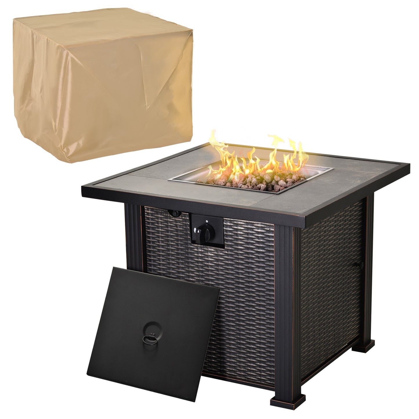 Outdoor and Garden-30" 50 000 BTU Outdoor Patio Backyard Gas Fire Pit Table with Beautiful Slate Tabletop & Wicker Design - Outdoor Style Company