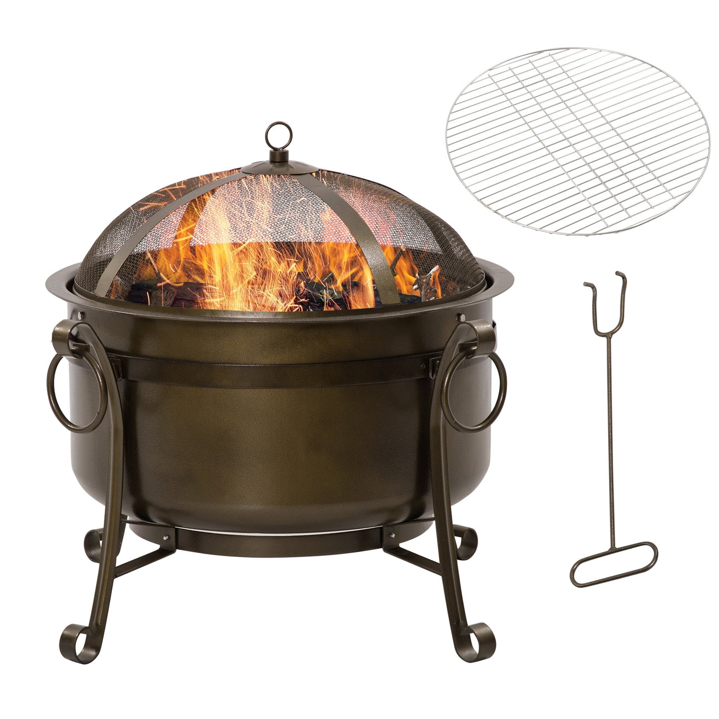 Outdoor and Garden-30 Inch Outdoor Fire Pit, Round Outdoor Wood Burning Fire Pit with Spark Screen and Cooking BBQ Grill, Poker for Backyard Bonfire - Outdoor Style Company
