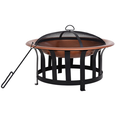 Outdoor and Garden-30 Inch Outdoor Wood Fire Pit Round Metal Firepit Bowlwith Black Ornate Base Poker & Mesh Screen for Ember Protection - Outdoor Style Company